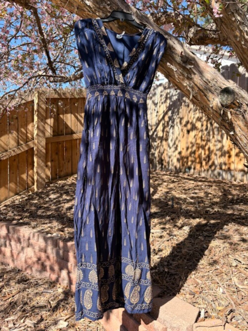 NWOT L'Apogee Indian maxi dress midnight blue/gold sz S never worn
